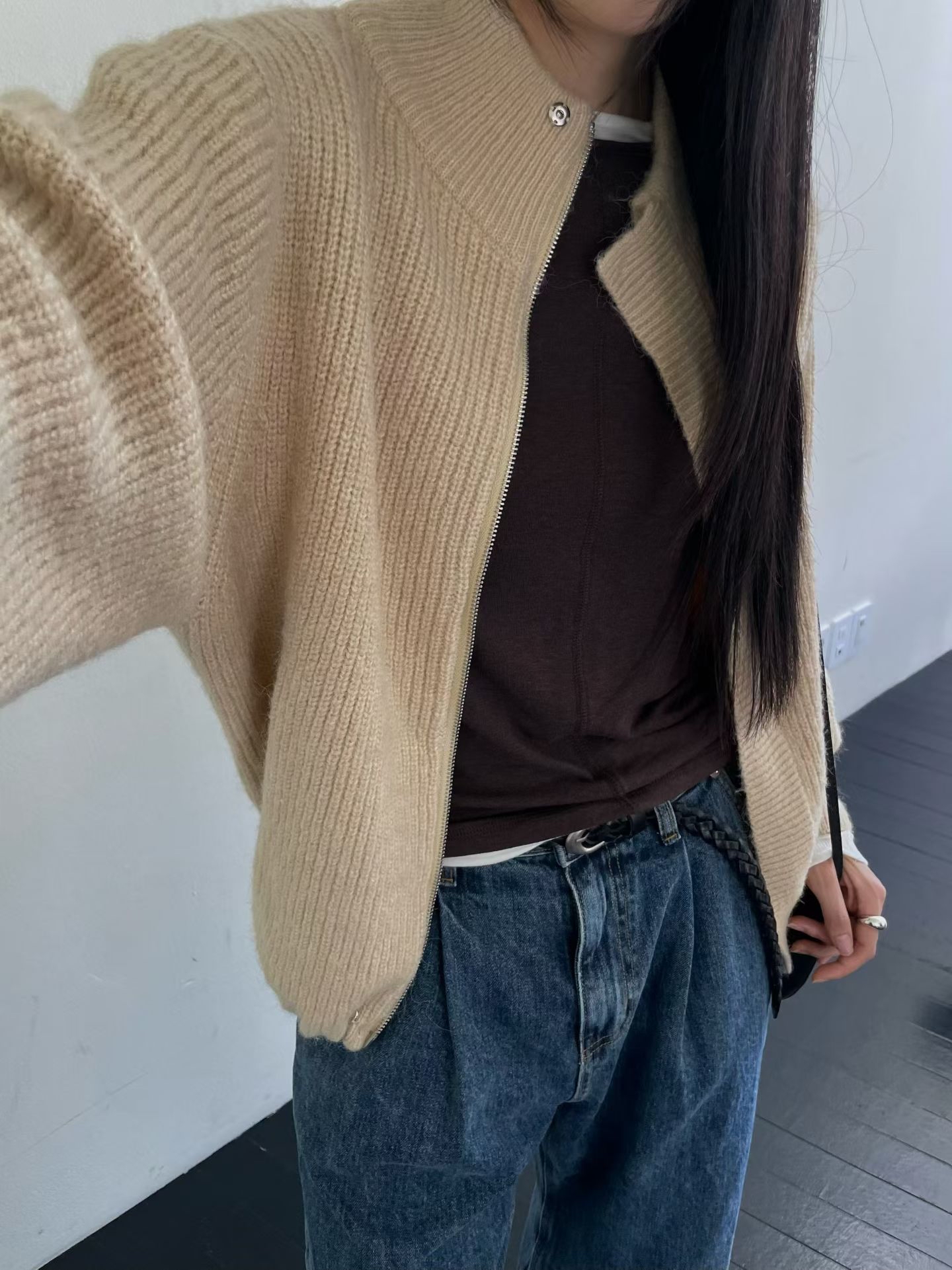MILAE 韓系立領雙頭拉鍊抽繩重磅針織外套