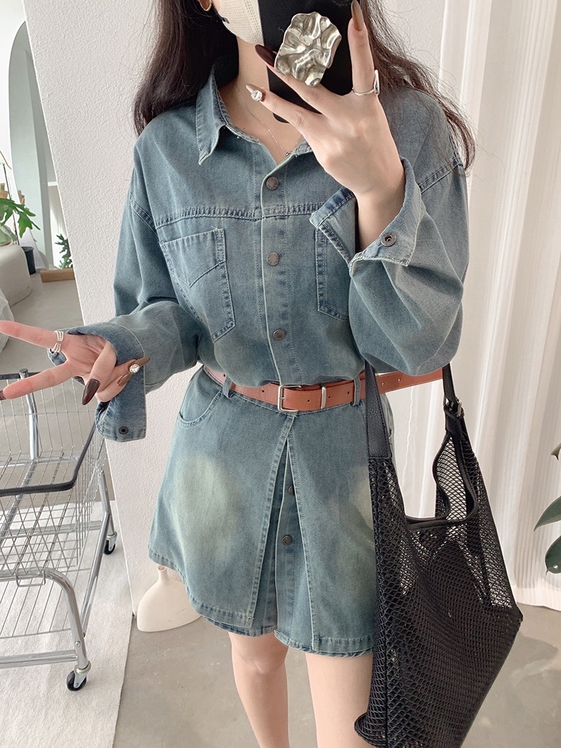 韩版宽松中长款牛仔衬衫+屁帘两件套装