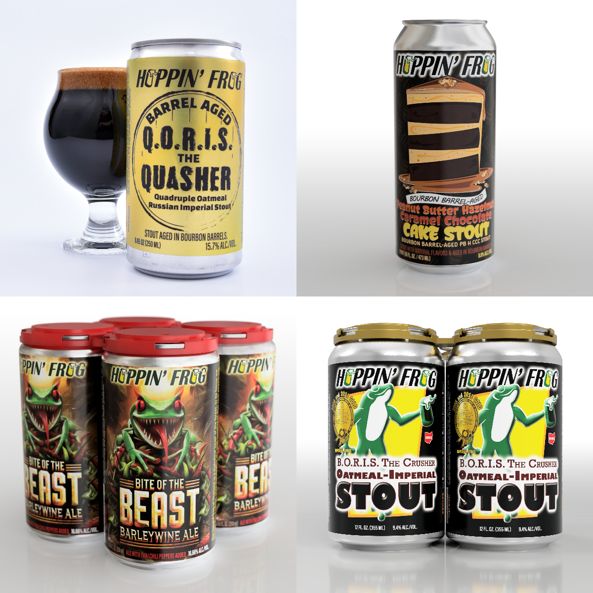 Hoppin' Frog B.O.R.I.S. THE CRUSHER / BITE OF THE BEAST BARLEY WINE / BARREL AGED Q.O.R.I.S. THE QUASHER / BOURBON BARREL-AGED PEANUT BUTTER HAZELNUT CARAMEL CHOCOLATE CAKE STOUT