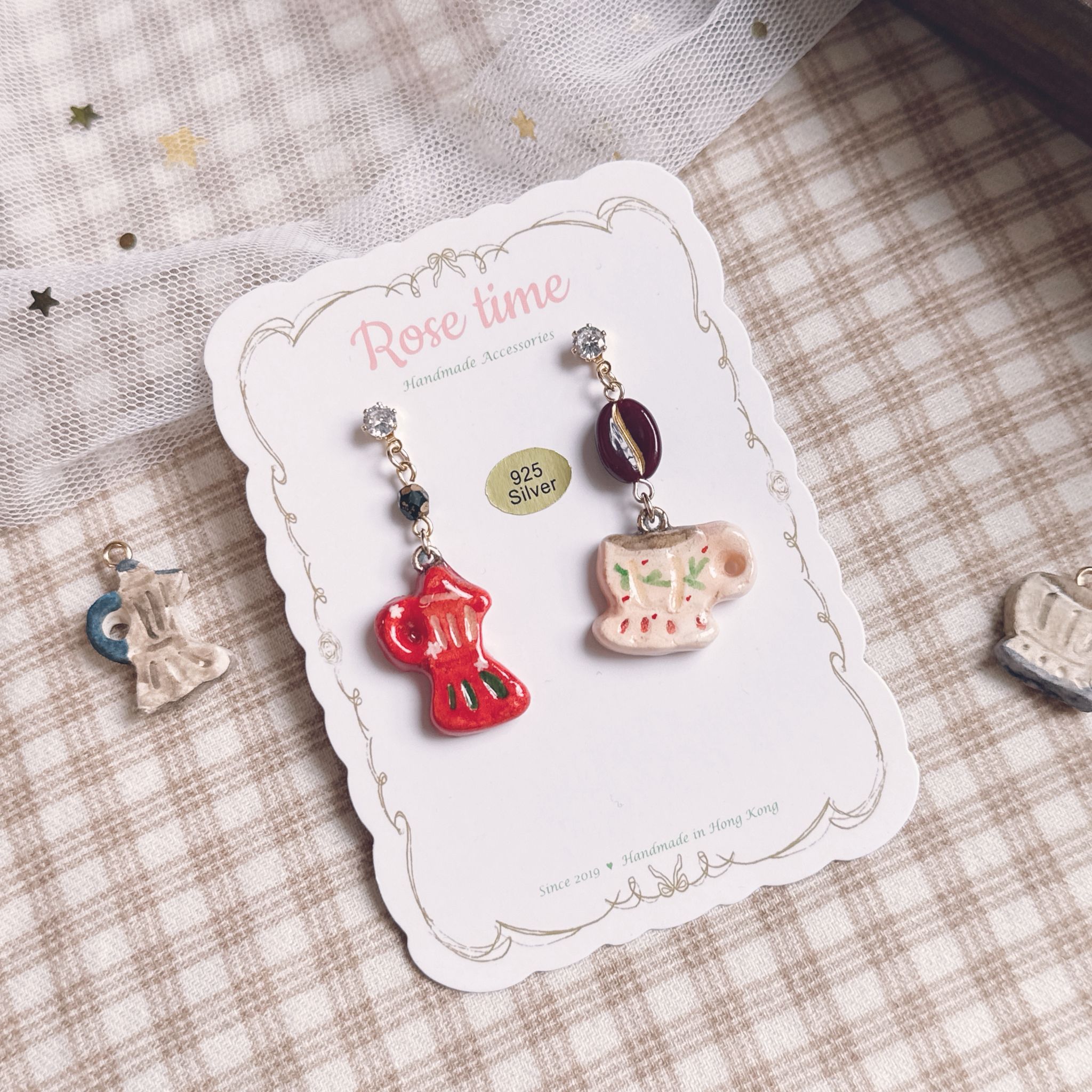 手繪復古咖啡壺咖啡杯耳環