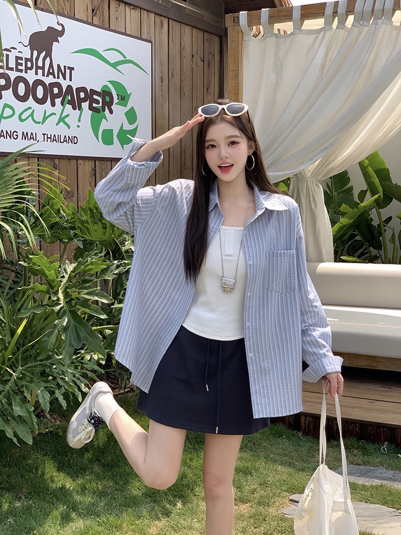 B276(36666) 韩版气质白吊带内搭与条纹蓝衬衫与蓝短裙三件套套装 