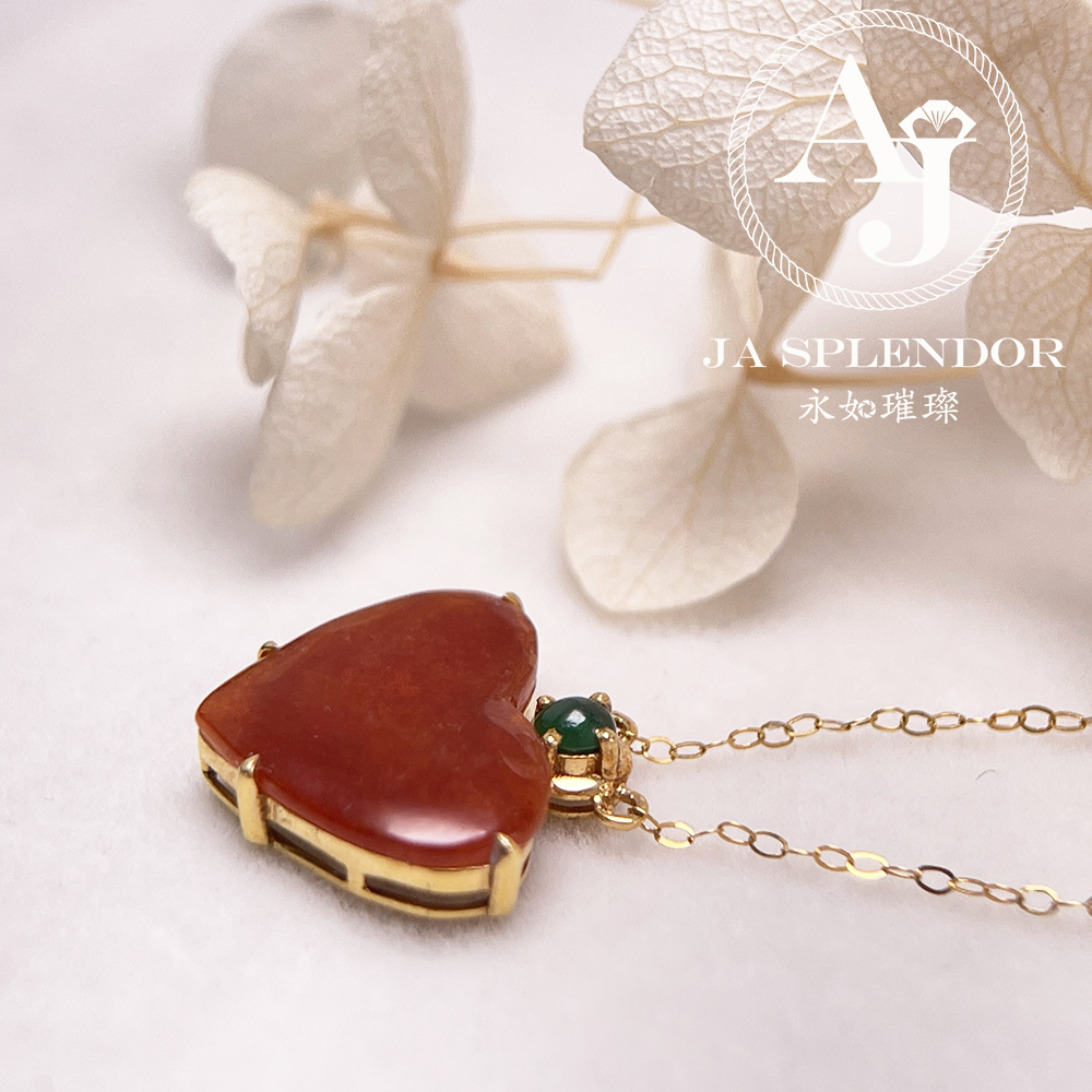 JNk-12 天然翡翠A玉 冰潤紅翡翠心心相印18K金吊墜連項鏈