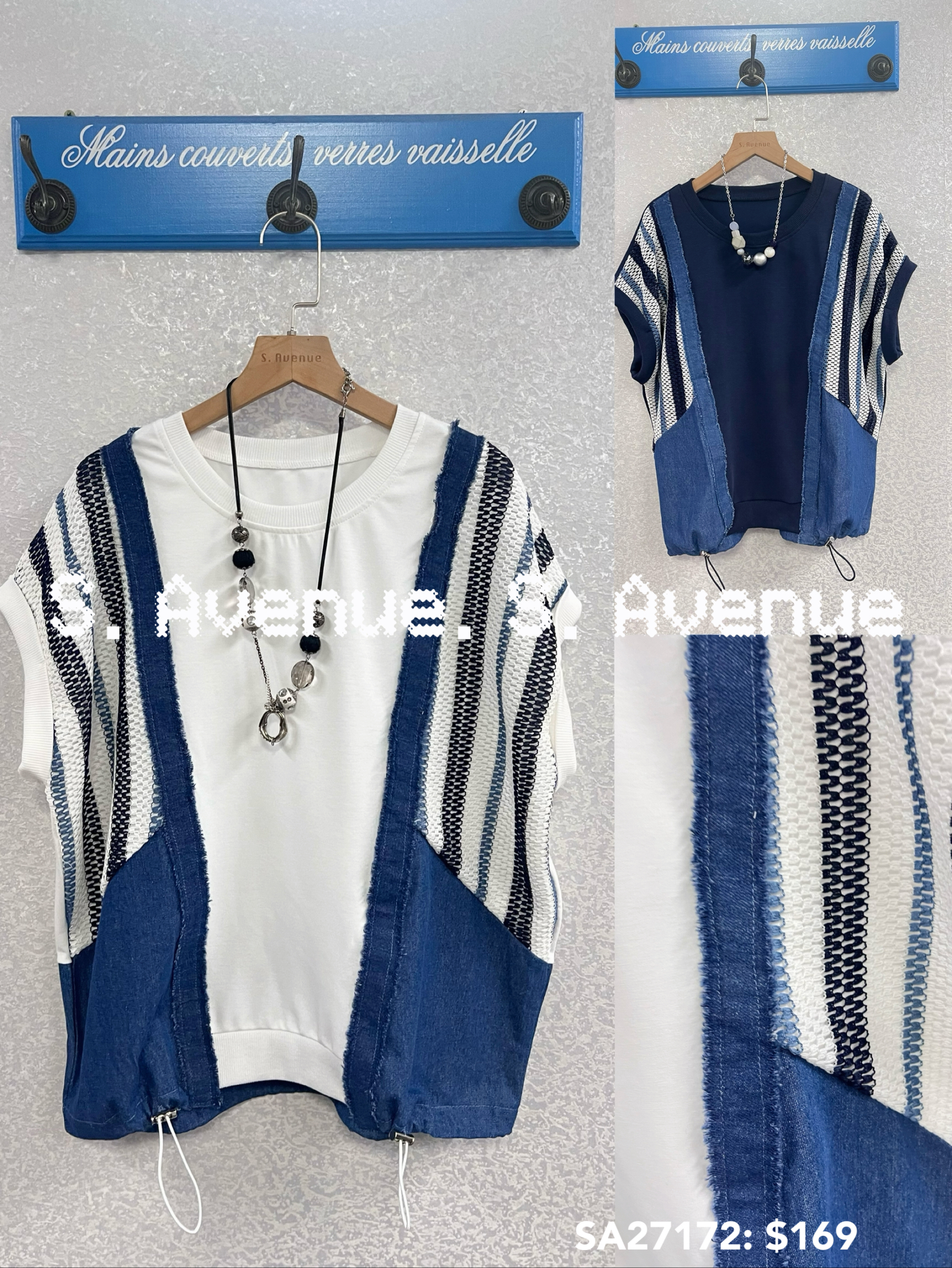 SA27172: 短袖側拼牛仔顯瘦束腳tee