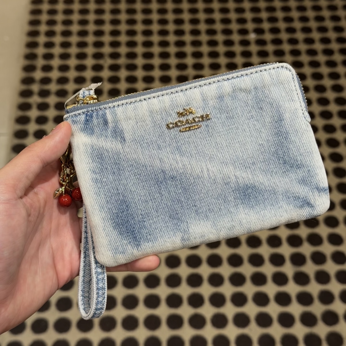 COACH Corner Zip Wristlet in Loved Denim with Charms