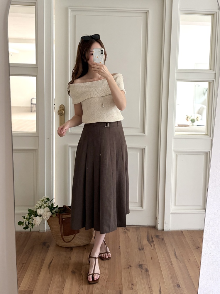 Linen Blend Pleated Skirt (Brown)