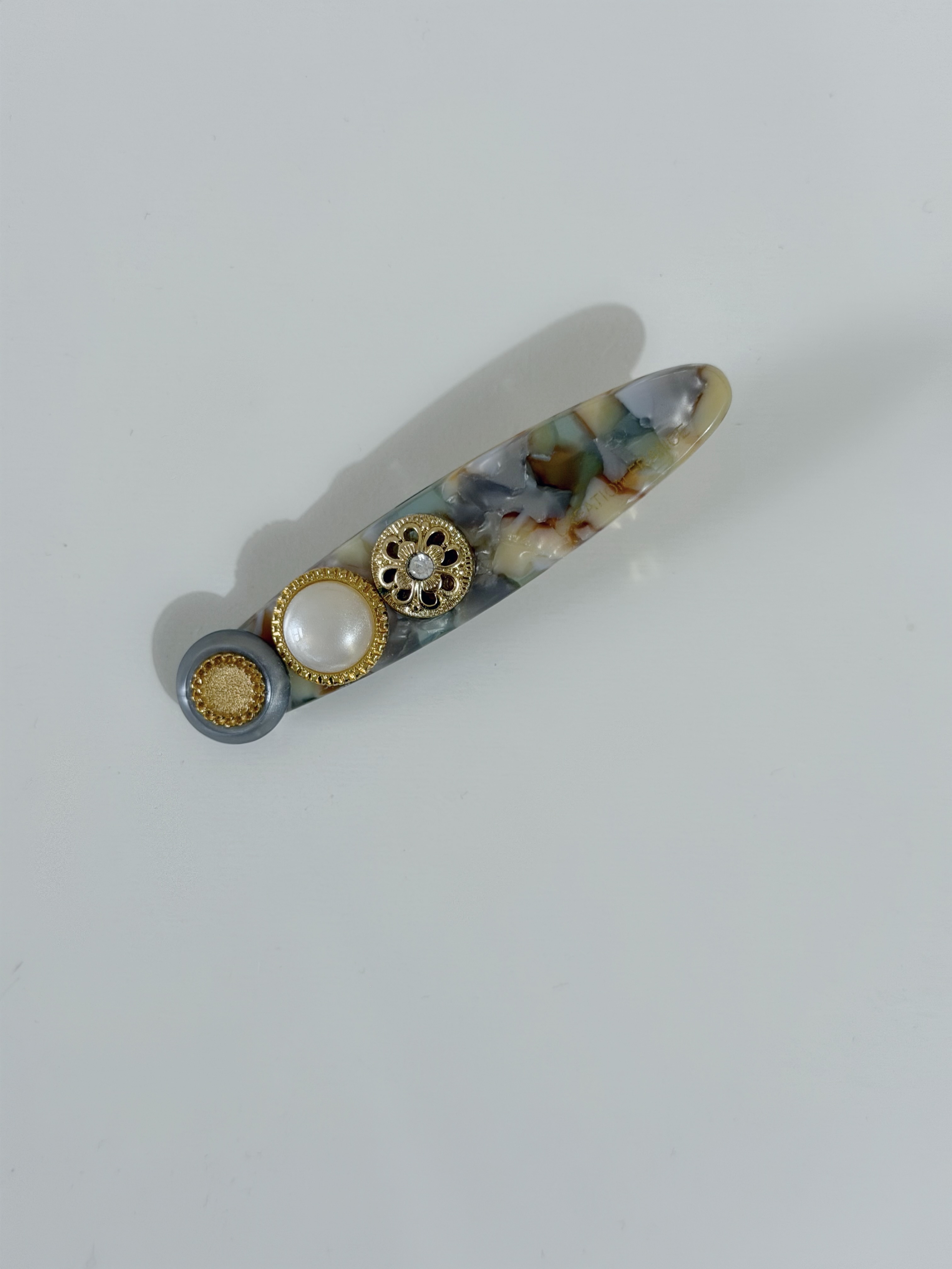 復古鈕扣髮夾/珍珠橙綠混色夾 6cm長