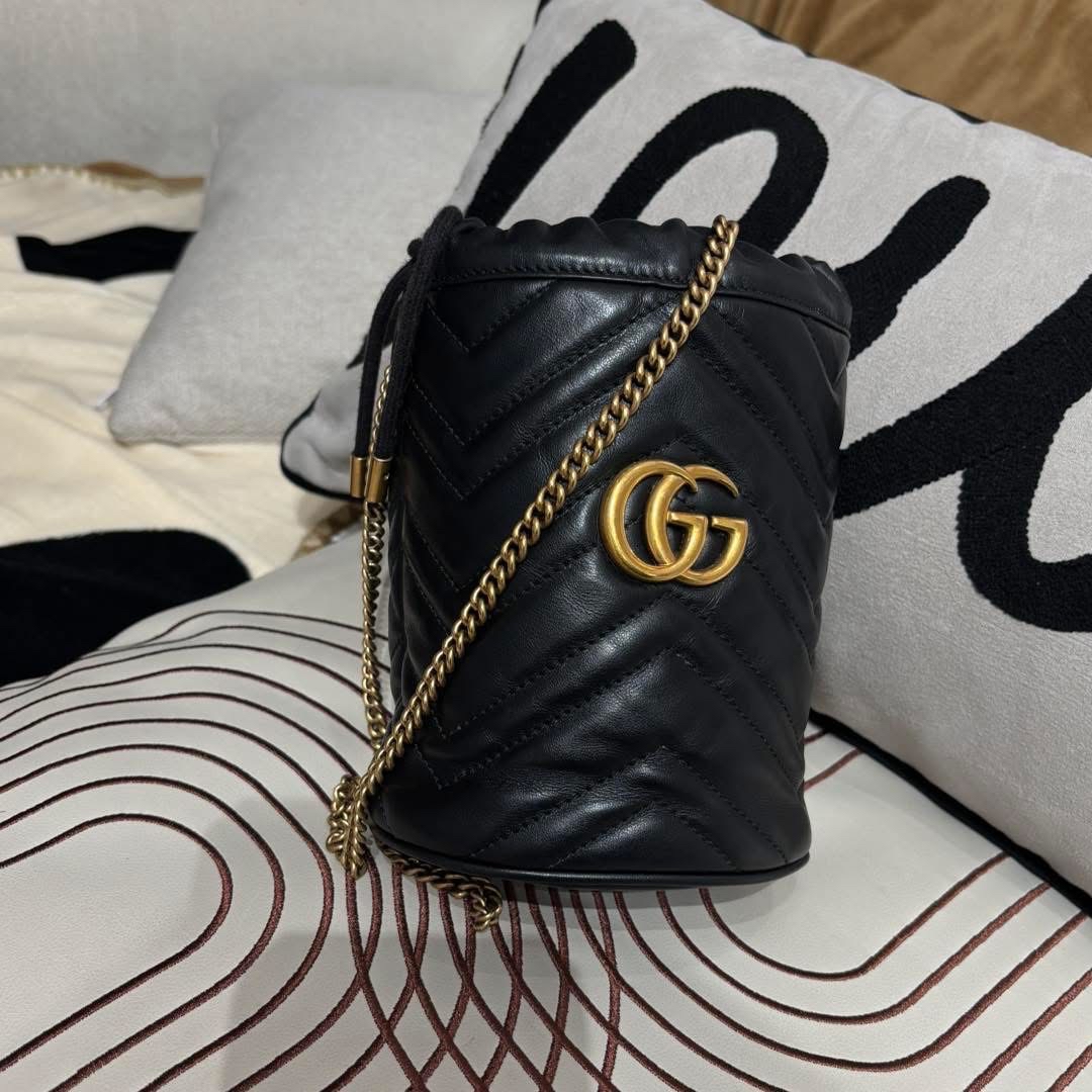 Gucci gg marmont bucket 黑色牛皮 100%Authentic ,95%New ✅Dust bag