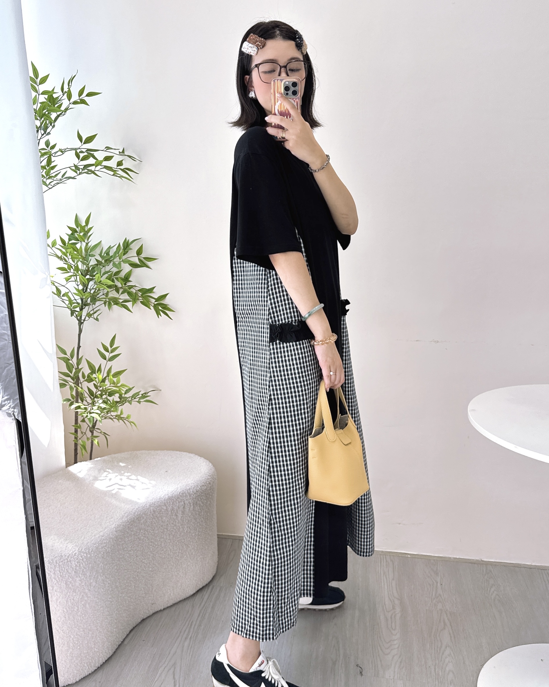 棉料拼格仔寬鬆長Ops 2色