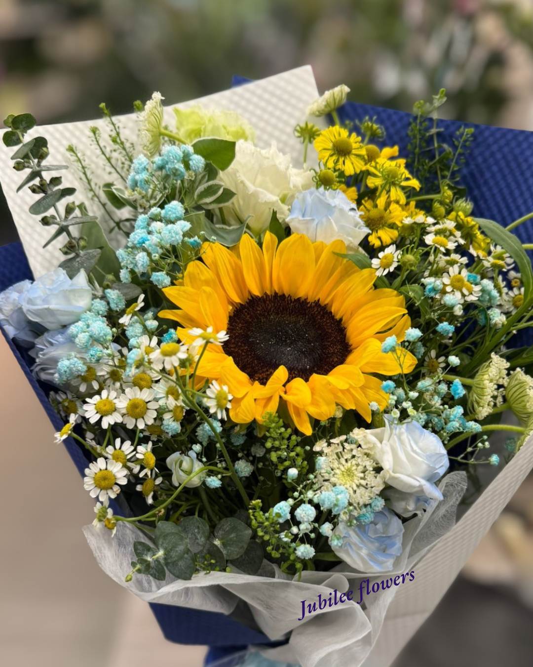 🌻向日葵 碎冰藍玫瑰花束