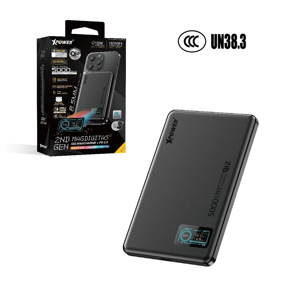 (3C認證版)(鋁合金面)XPower MagDigita5² 第2代彩屏顯示磨沙玻璃外殼 5000mAh PD3.0+QI2 磁吸移動電源