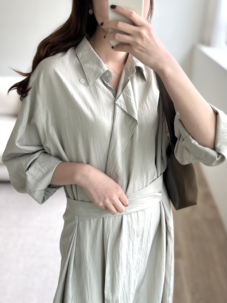Minimal Belted Shirt Dress (Khaki)