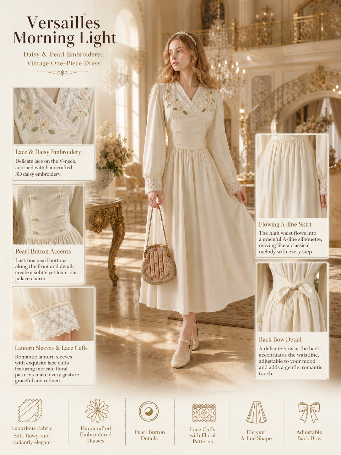 凡爾賽晨光野菊珍珠刺繡連身裙 Versailles Morning Light Daisy & Pearl Embroidered Vintage One-Piece Dress