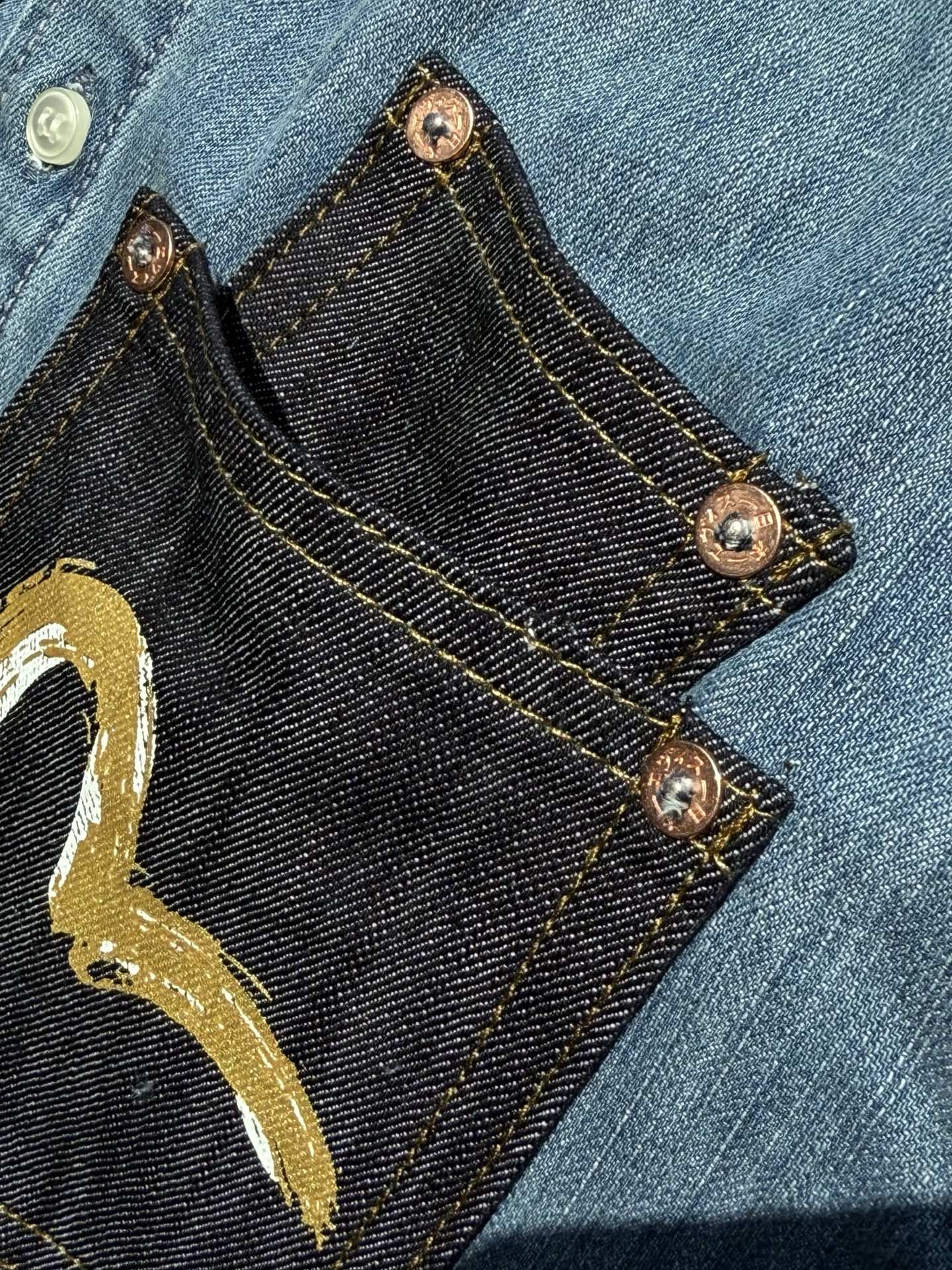 Evisu Artistic Brush Daicock Print Relax Fit Denim Short-Sleeves Shirt