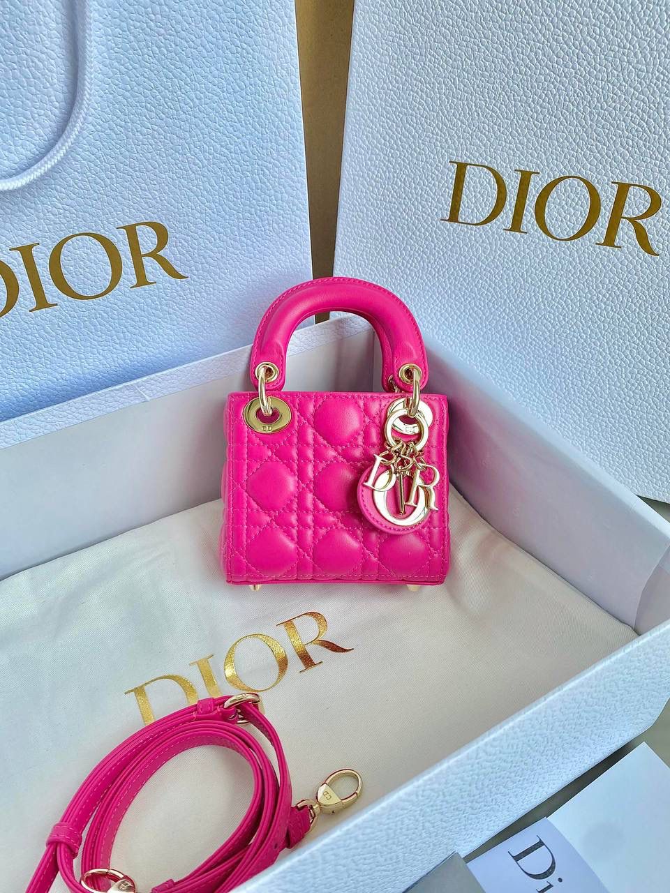 🈶火龙果超迷你 𝗗𝗜𝗢𝗥 𝗺𝗶𝗰𝗿𝗼 𝗹𝗮𝗱𝘆 𝗯𝗮𝗴23新色 谁能拒绝这只刚出的夏日限定色啊 官网叫拉尼粉，粉紫调这不就是火龙果？ 超炫的视觉冲击，衬的人非常显白 迷幻又很甜的多巴胺色彩，今年夏天冲 🩷🩷 size：12×10×5cm