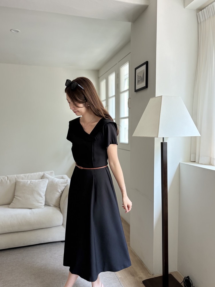 Sailor Collar Belted Dress (Black)