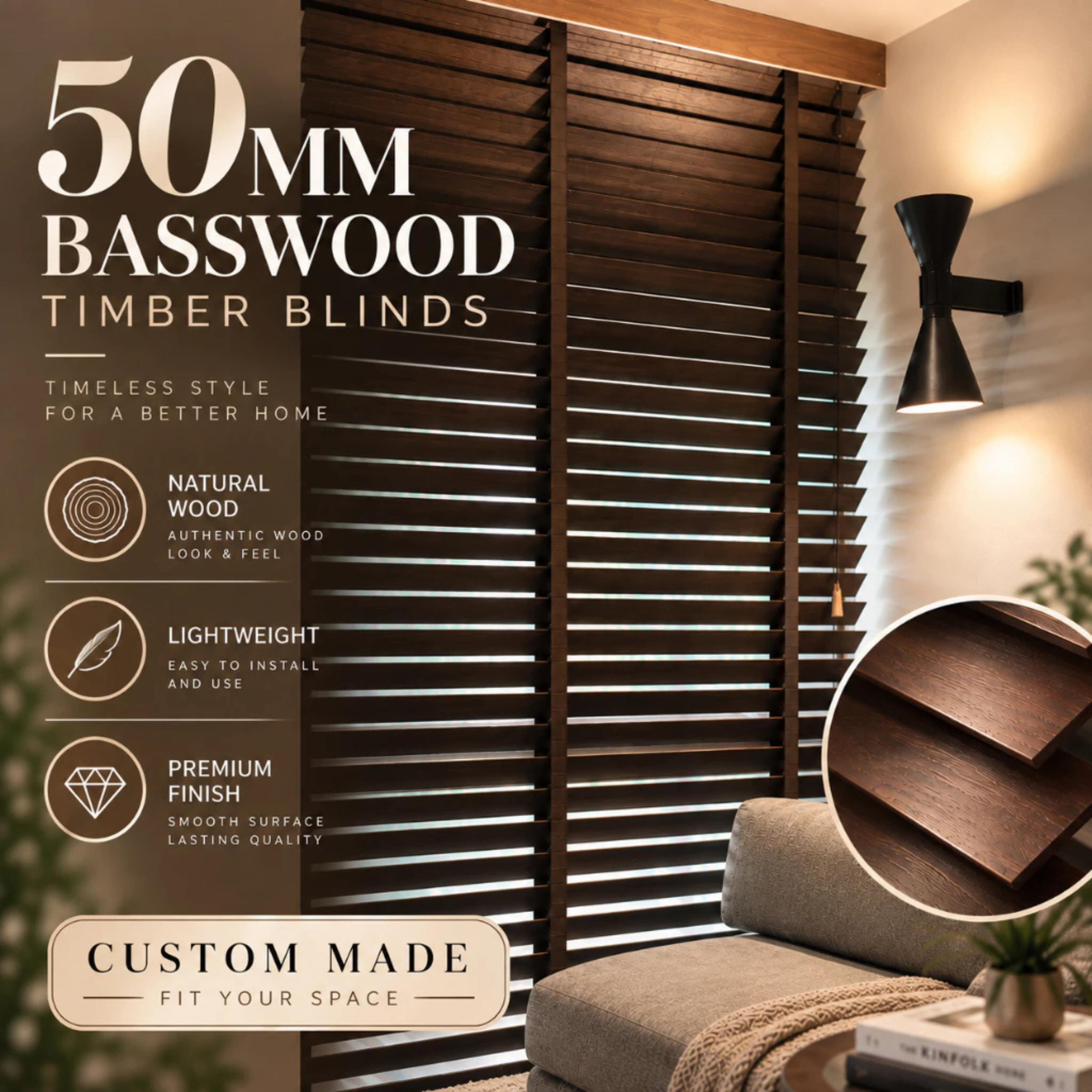 100% Kayu Asli | Bidai Kayu | 50mm Premium Timber Blinds Malaysia | Natural Wood Blinds | Custom Made Window Blinds
