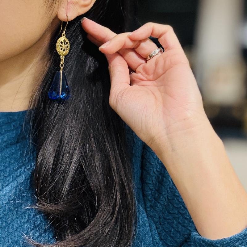 Vintage Recomposed Design with Antique Czechoslovakian Blue Double Glass - Hook Earrings(B053)