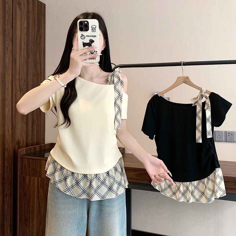 B289(24129) 法式拼接格纹斜肩系带与下摆黑杏上衣