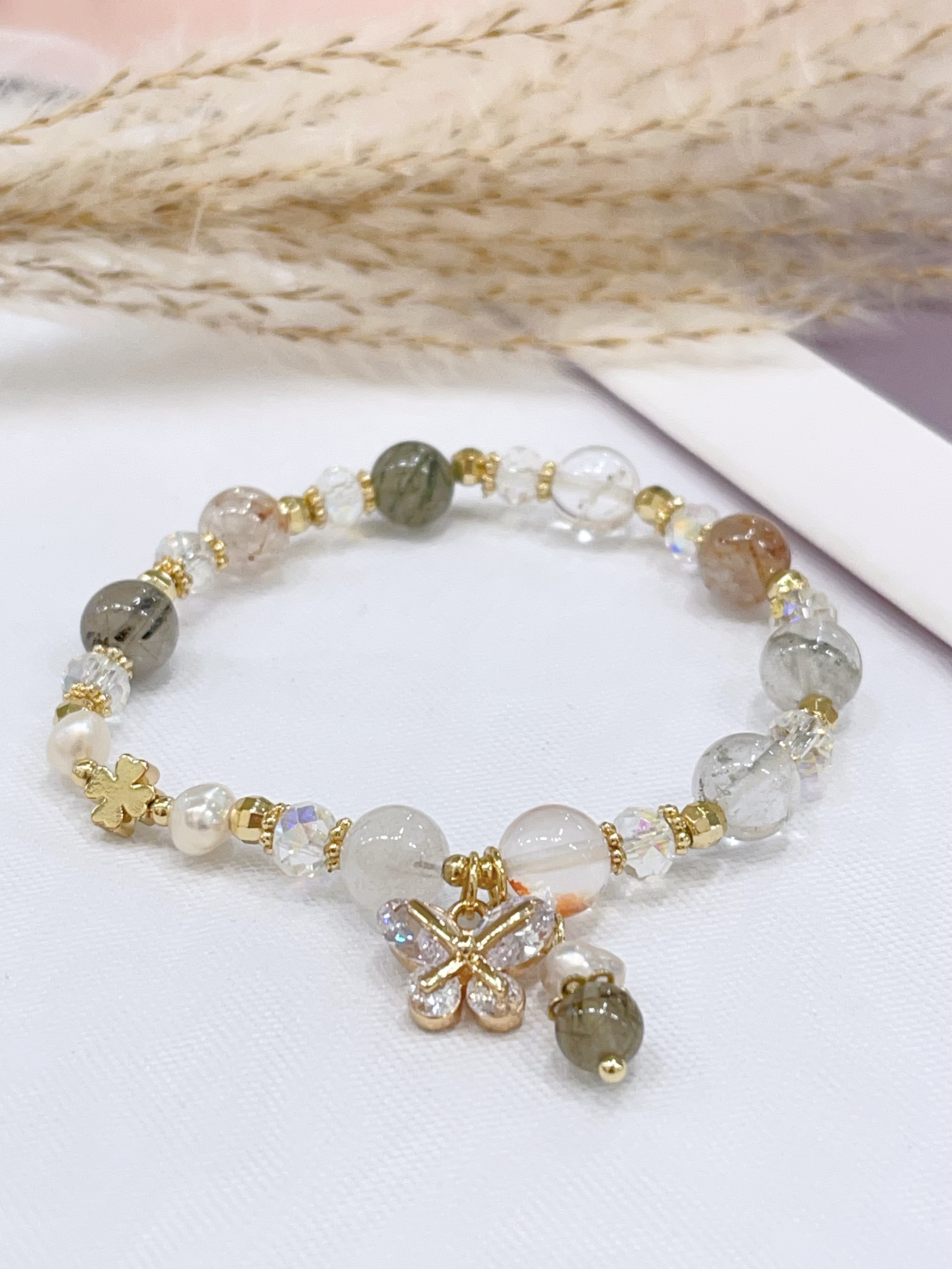 🦋 彩发晶多宝 × 蝴蝶吊饰手串 Multicolor Rutilated Quartz & Butterfly Charm | 8mm