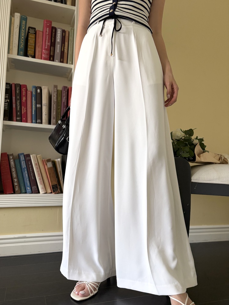 [超涼!!] Contrast Belt Wide Leg Slacks (White)