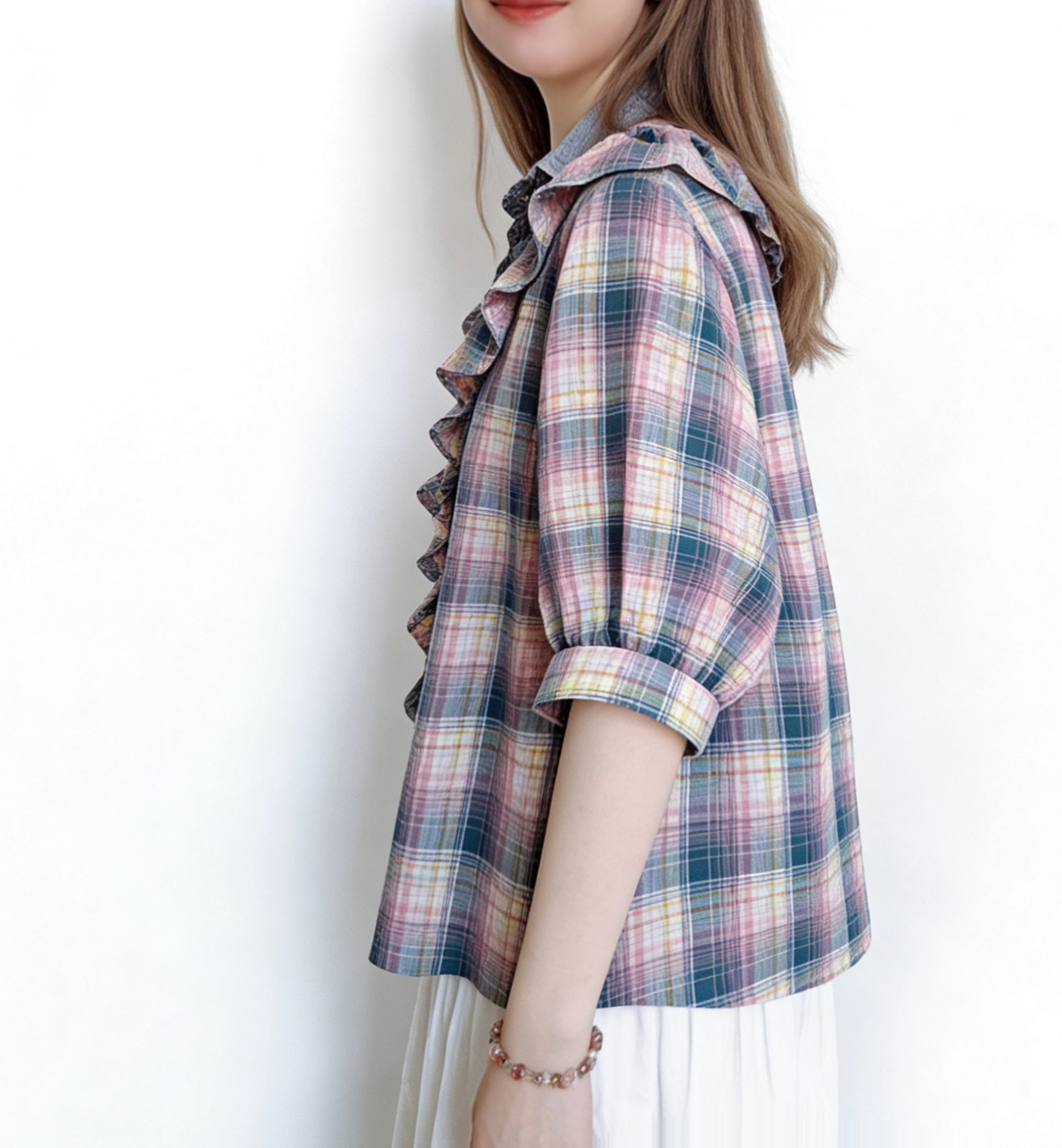 🌼初春優惠🍀 撞色格仔Ruffle Top