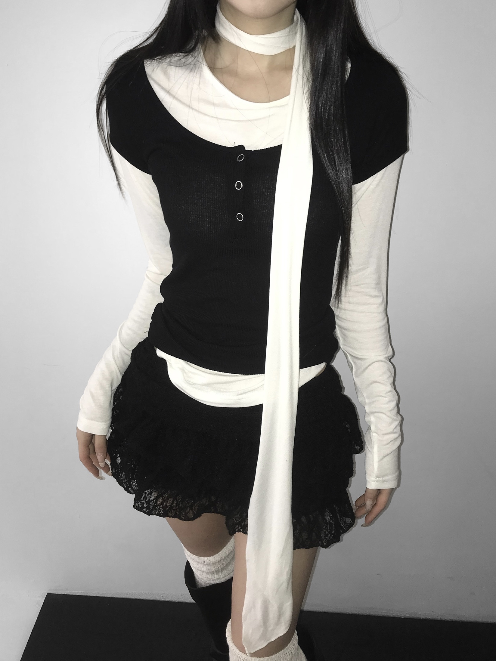 Scoop Neck Ribbed Button Short Sleeve