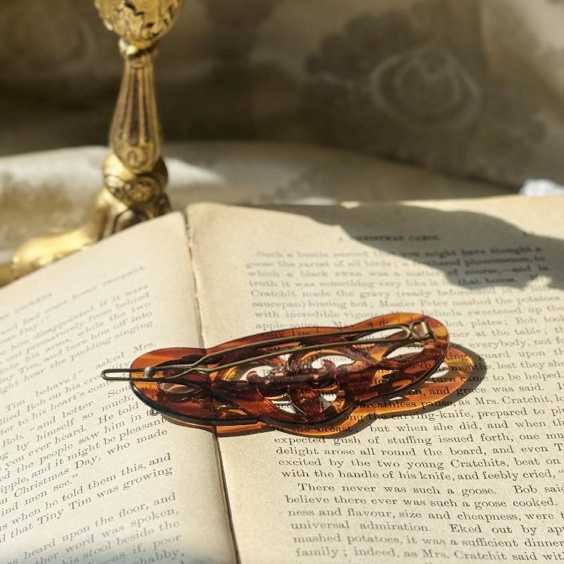 C.a.1950s–1960s Tortoiseshell-Style Celluloid Hair Barrette with Rhinestone Accents(NZ079)