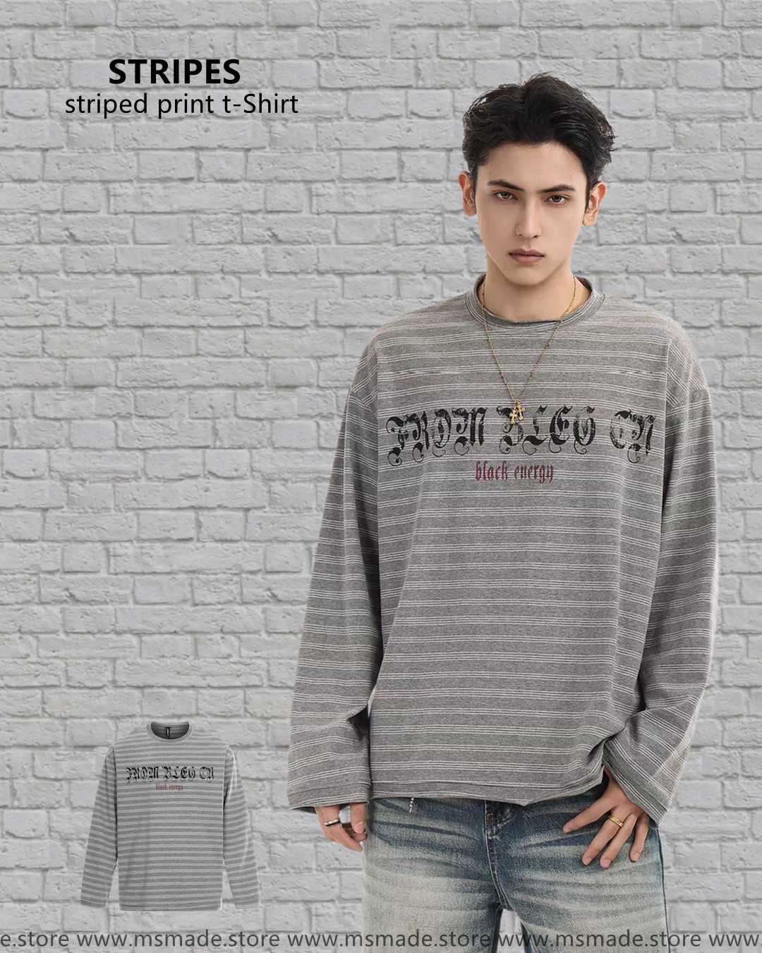 W44復古條紋印花T恤