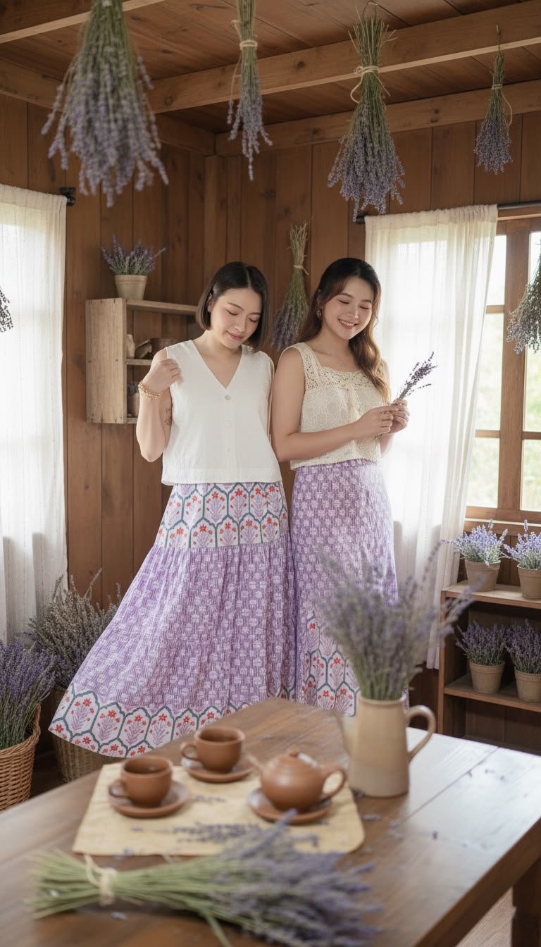 SDD002 Purple Block Print Patch Work 3-Layer Skirt 37"