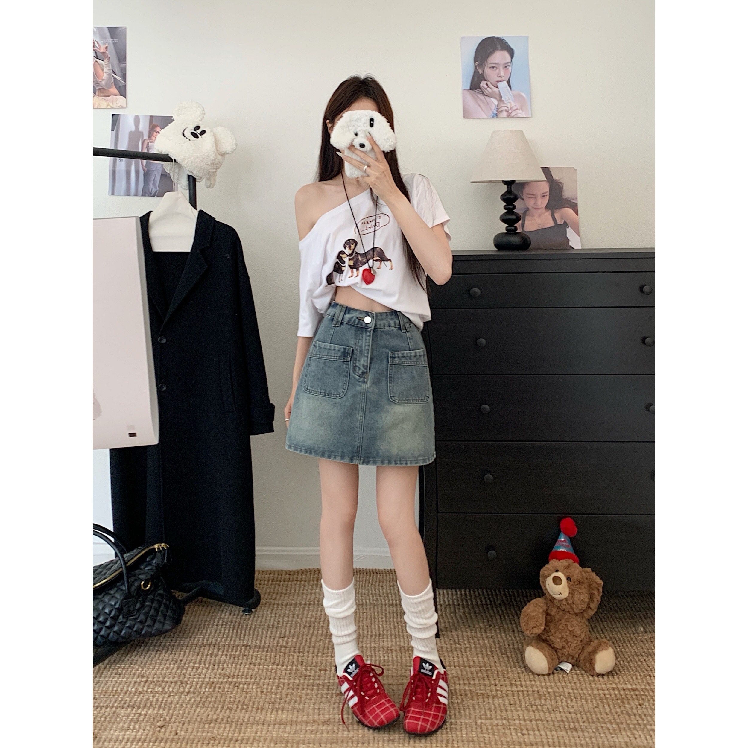 B165(65532) 韩版复古JEANS前部双大口袋蓝短裙 