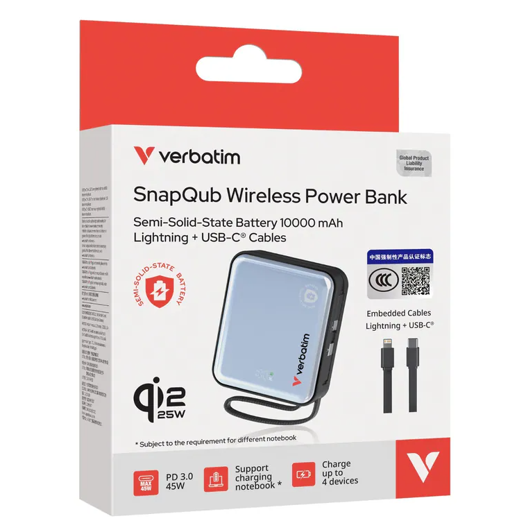 Verbatim SnapQub 10000mAh Qi2.2 L+C 半固態磁吸無線流動充電池 (Lightning +USB-C Cable)(3C認證+二維碼）