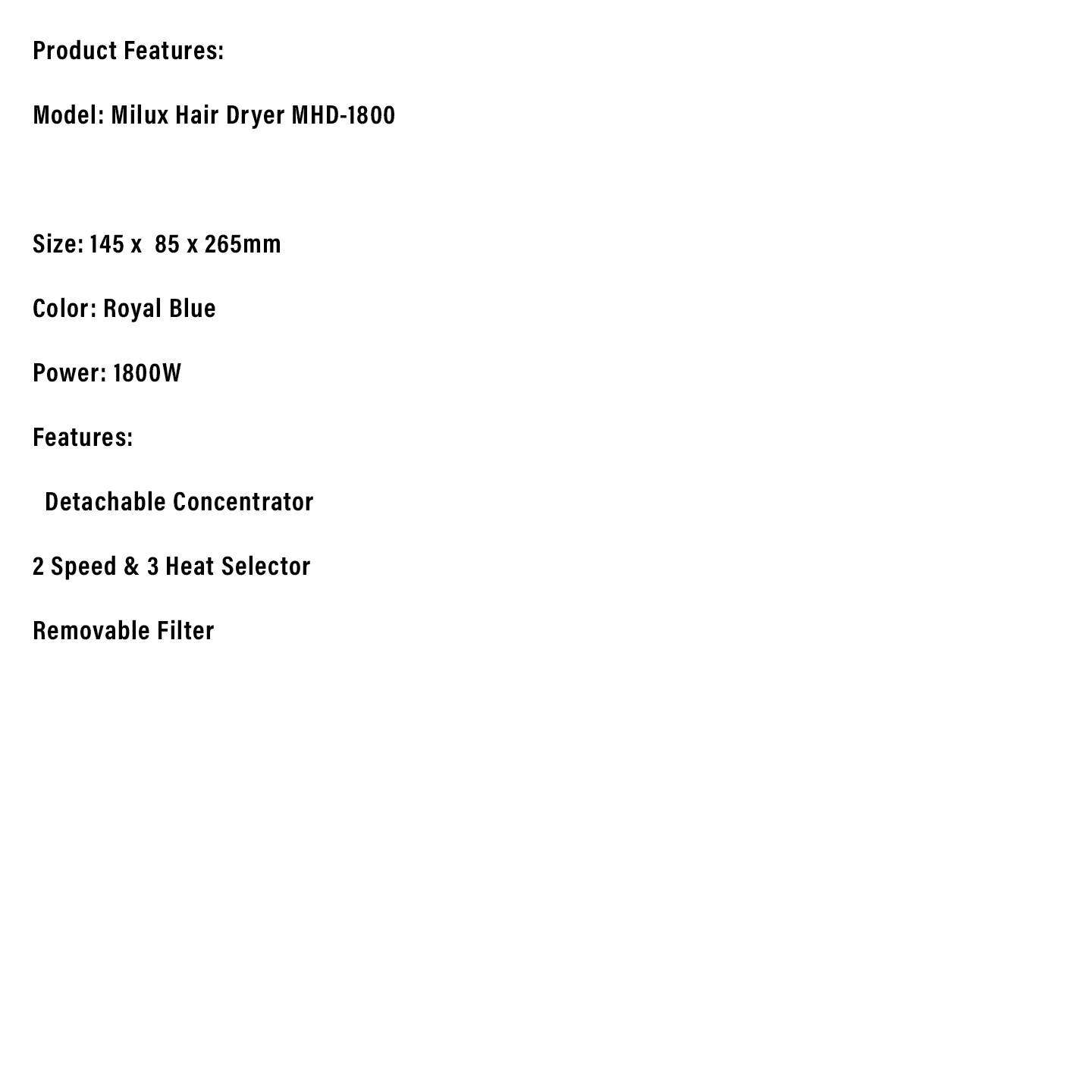 Milux 1800W Foldable Hair Dryer (MHD-1800)