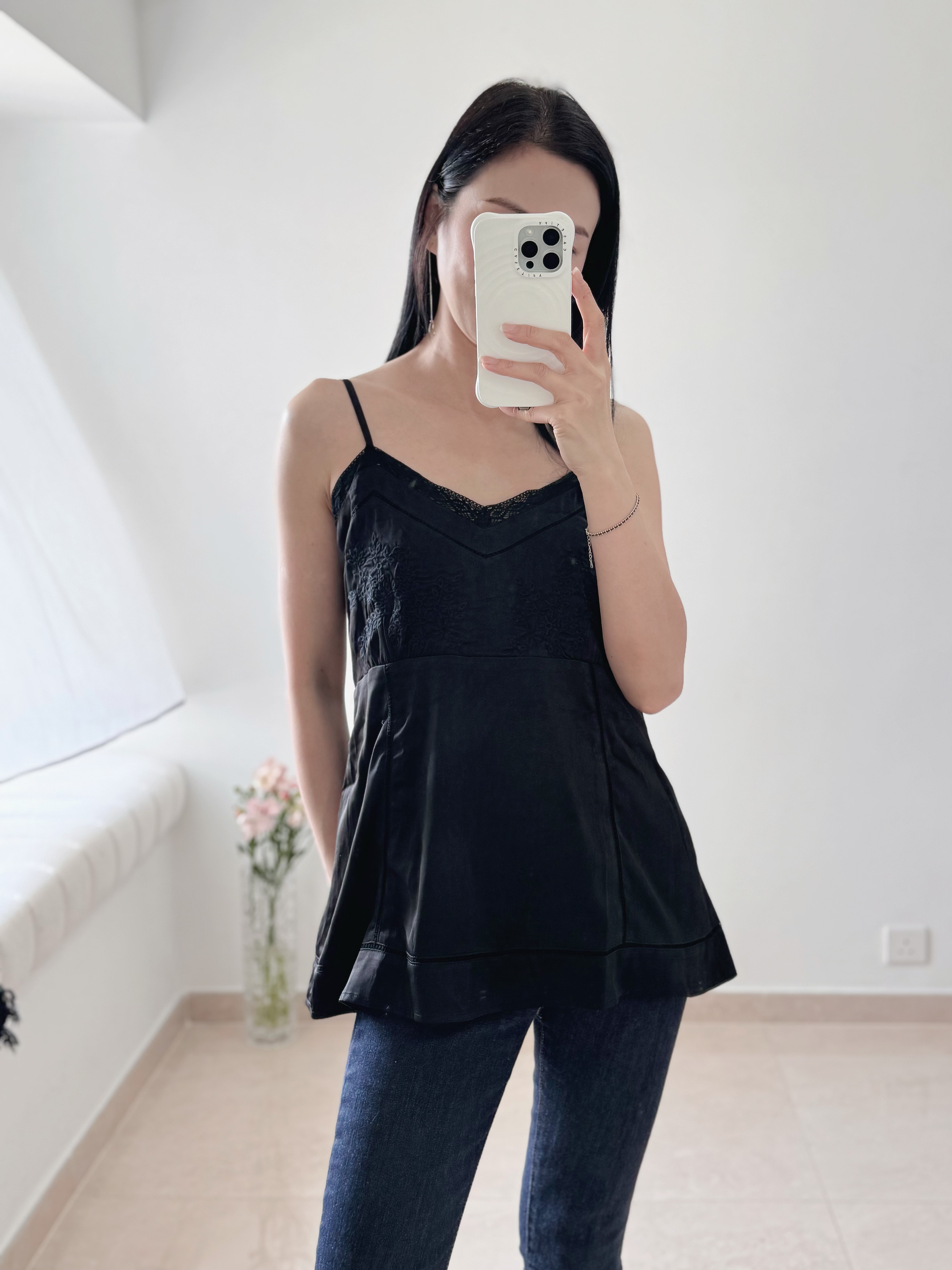 Elegant embroidered longline cami top (black)