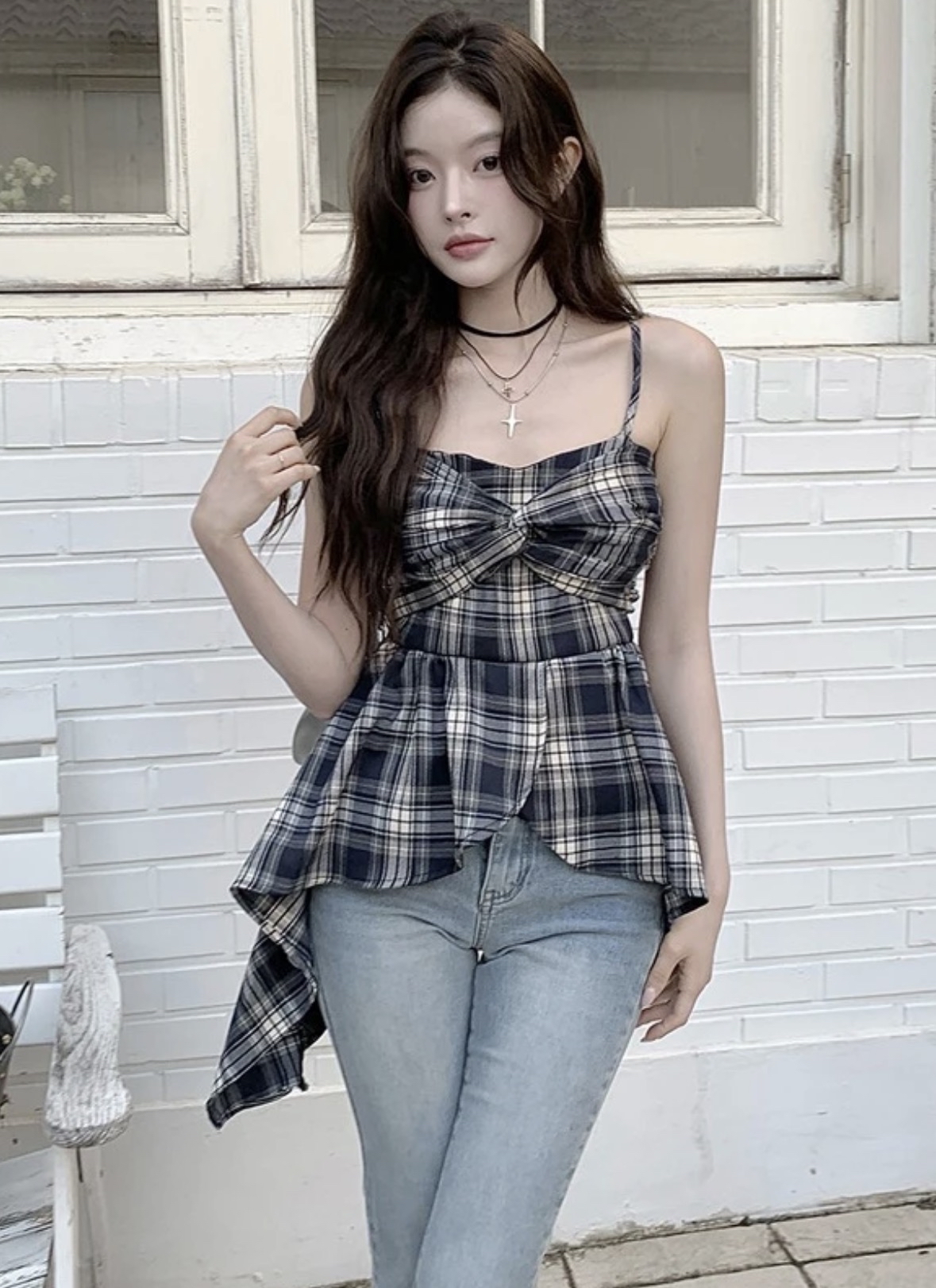 US.TP478不规则格子上衣