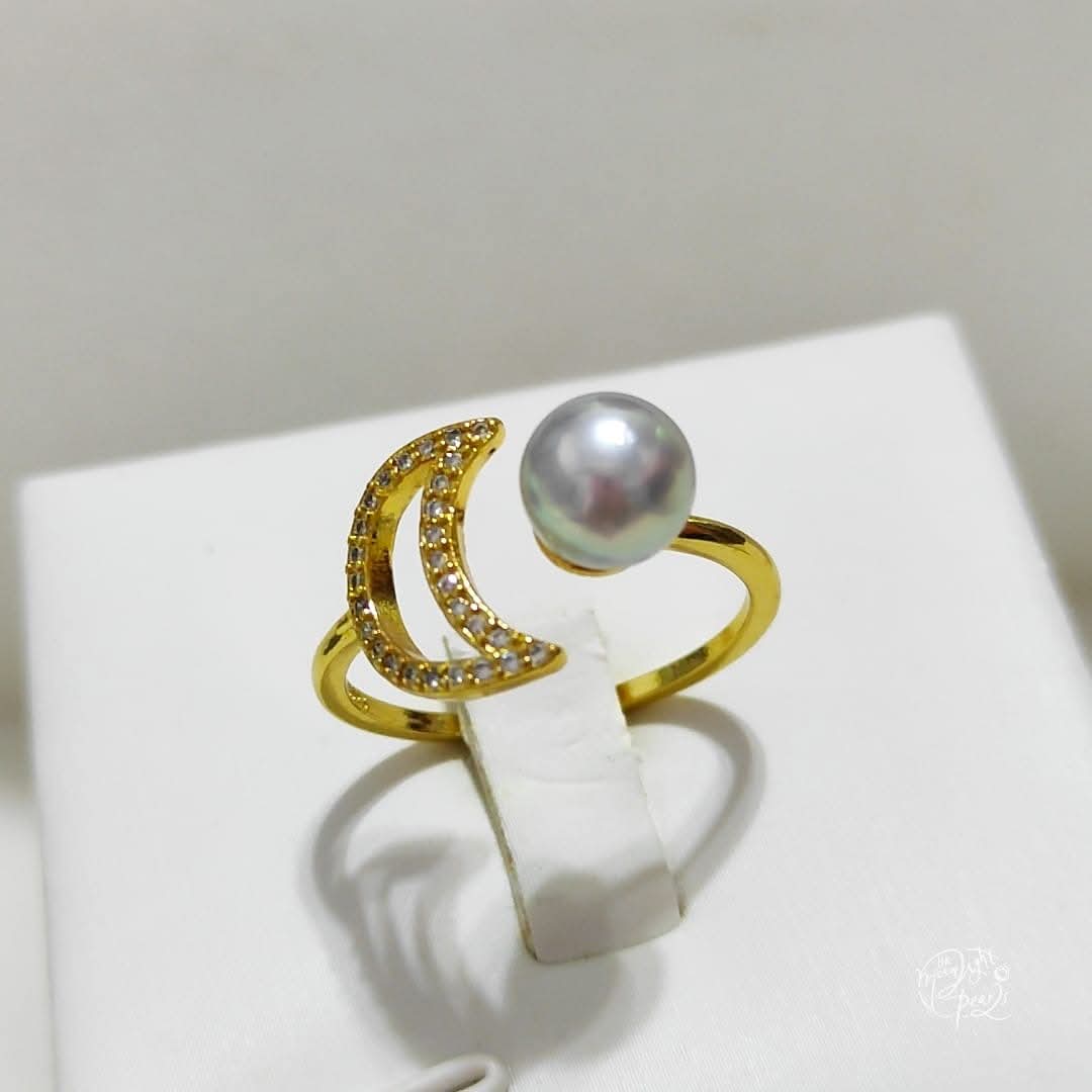 特價品‼️正圓極強光日本真多麻海水珍珠注金月亮開口戒指