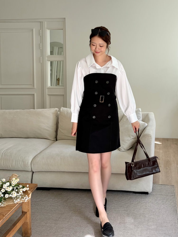 Belted Short Trench Dress (Black)