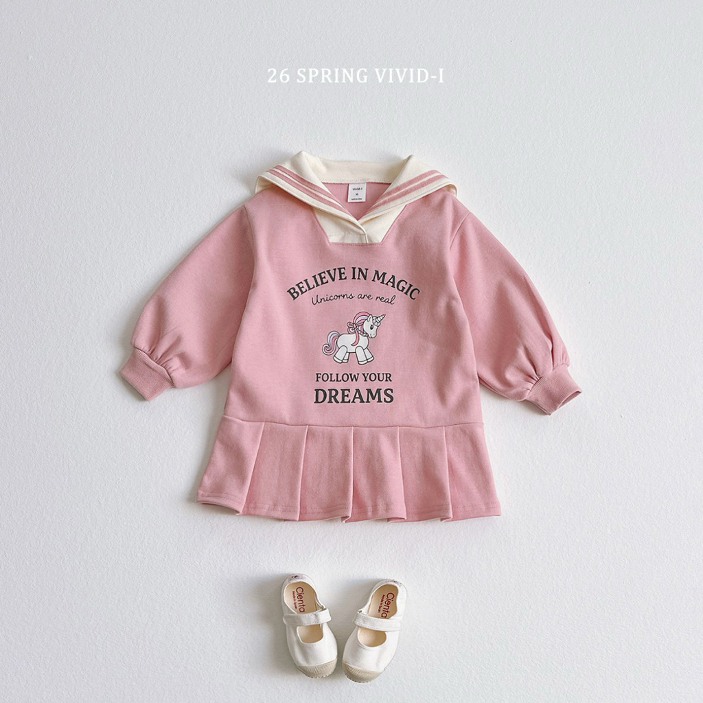 🌸預訂 韓國直送🌸🇰🇷VIVIDI四色水手領獨角獸印花長袖百摺連身裙