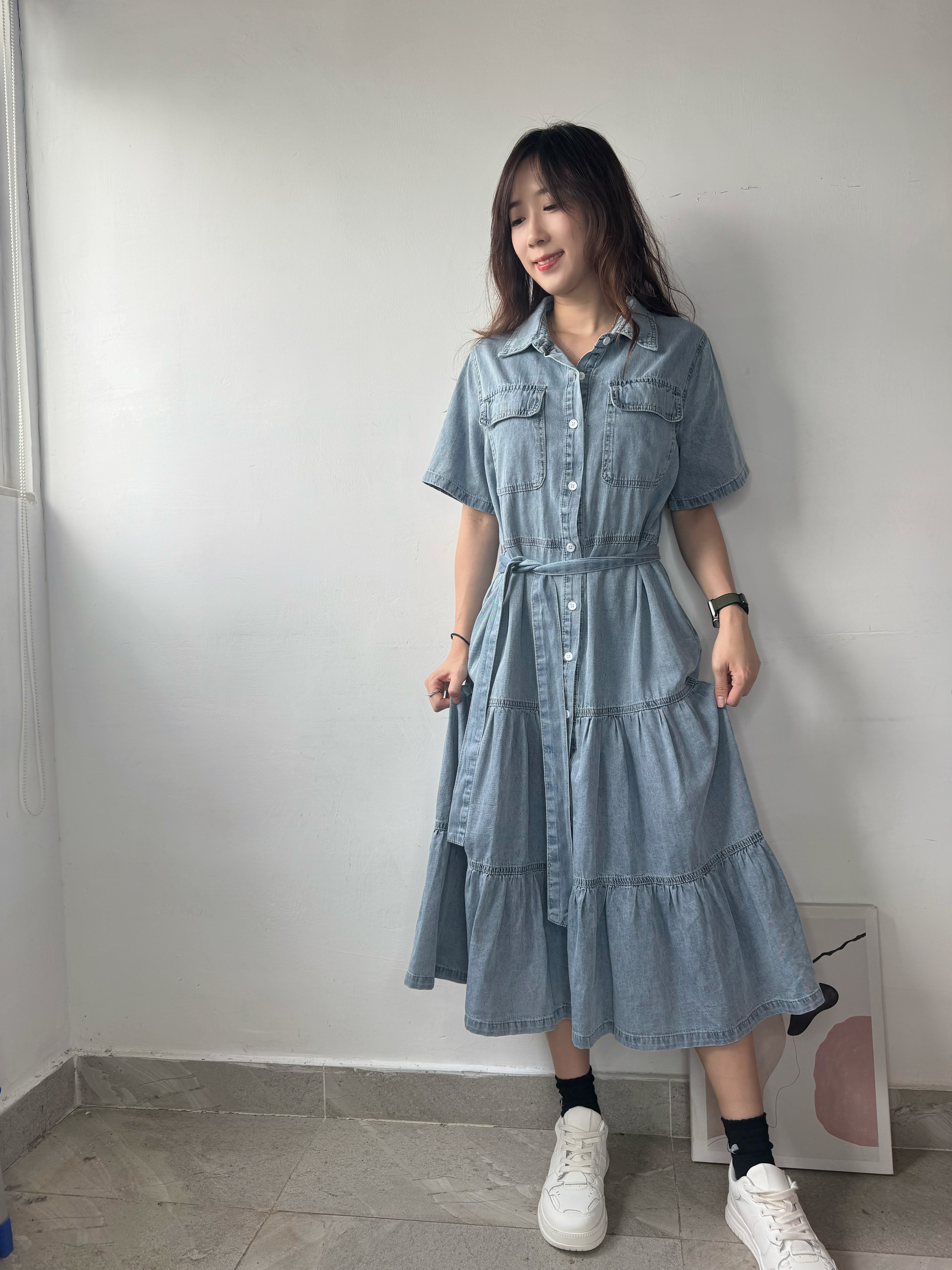 牛仔綁腰連身裙