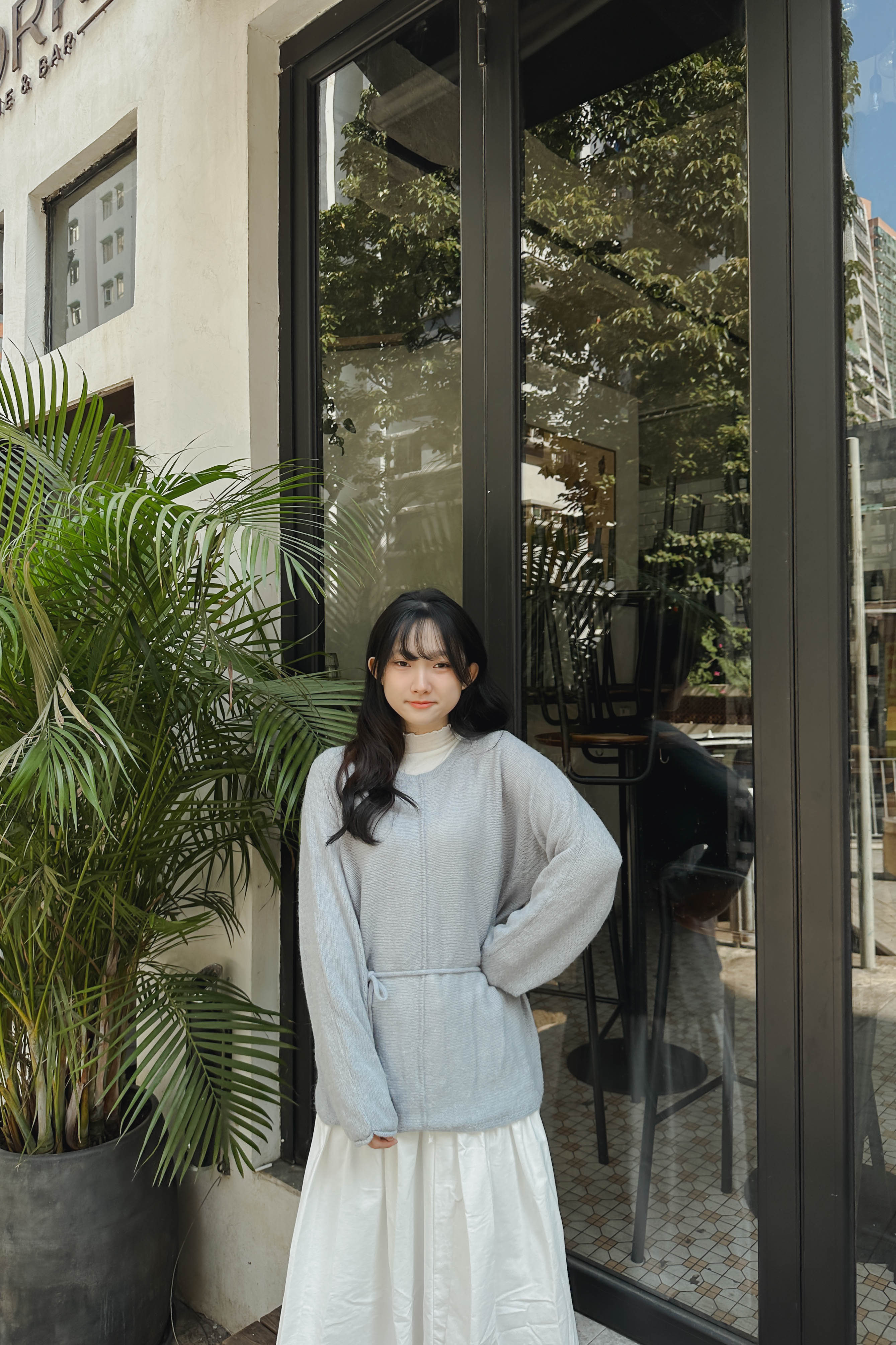 氣質中線薄針織長TOP(附綁帶) 兩色入