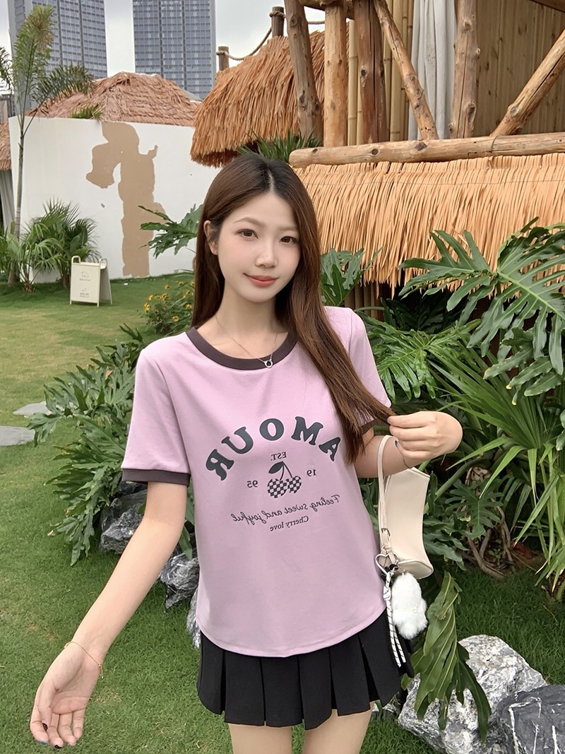 B122(36838) 韩系减龄撞色领边与AMOUR樱桃印花卷边袖4色上衣 