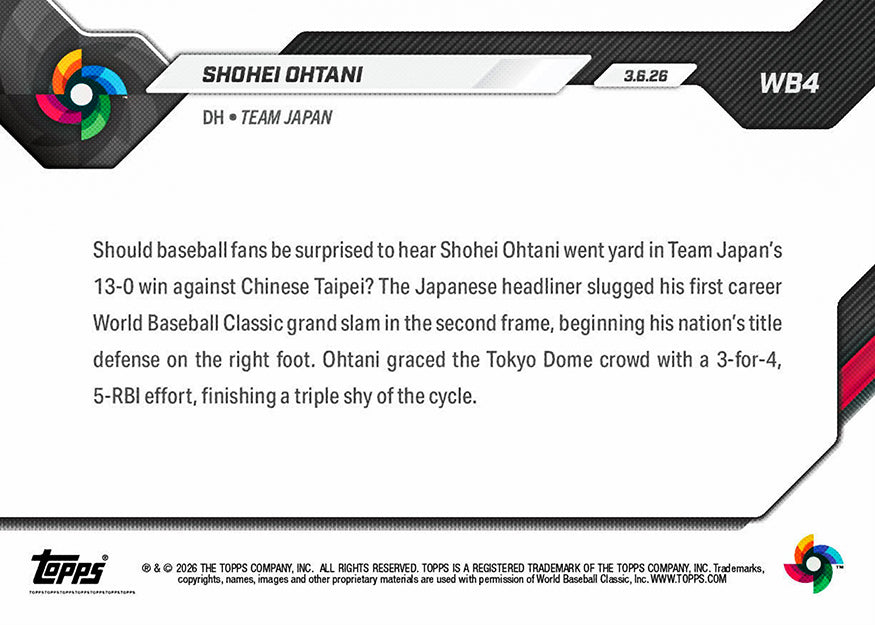 Shohei Ohtani - 2026 WBC Topps NOW® #WB4 日本隊滿貫炮卡｜PR 132,078