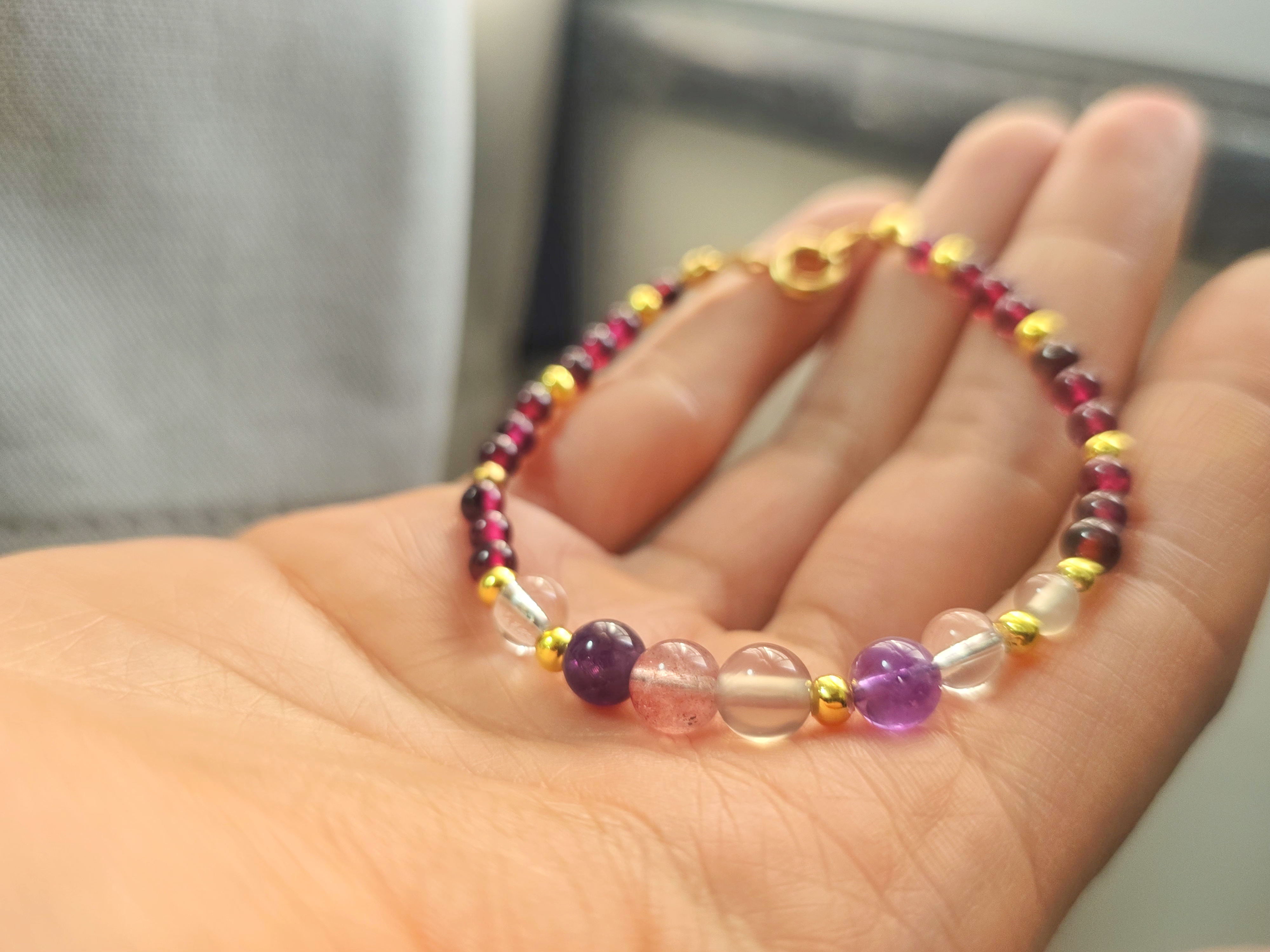 設計款 天然草莓晶 紫水晶 石榴石 白水晶 灰瑪瑙手鍊