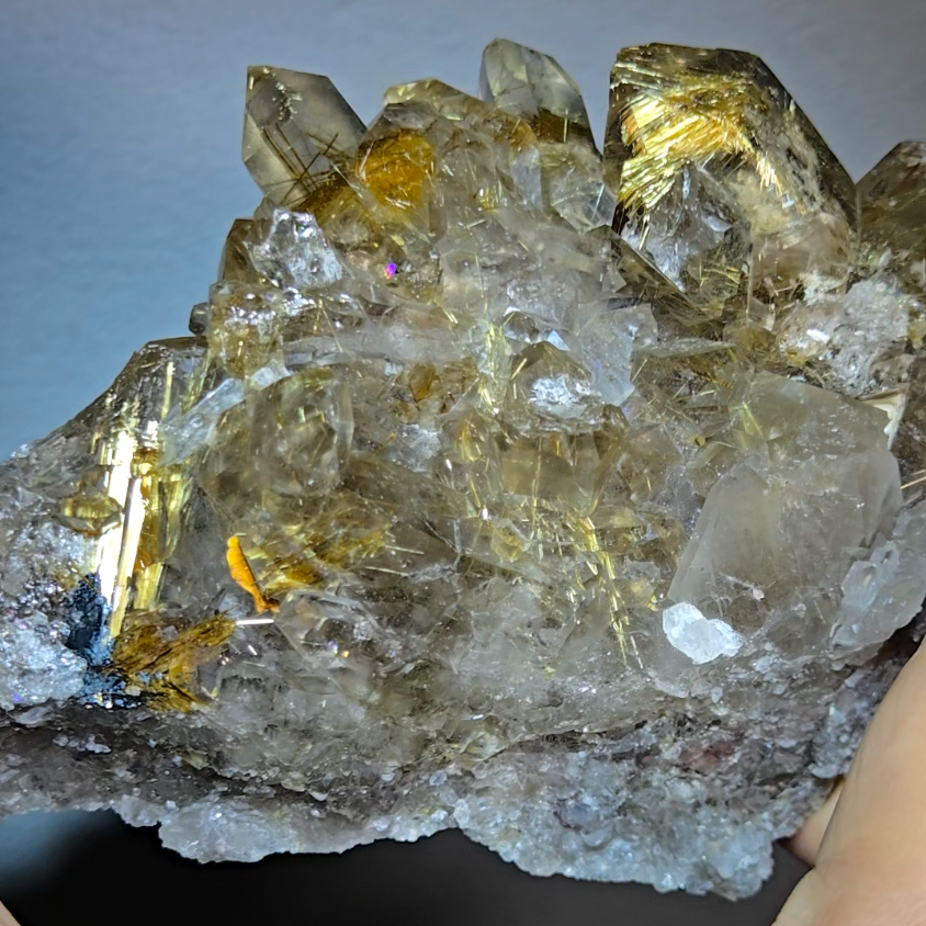 High-grade golden starburst rutiles on black hematite in quartz - RT1434