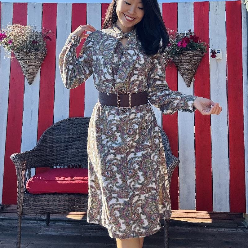 Vintage 1980s American Paisley Pattern Tie Collar Loose Fit Dress(MT2419)