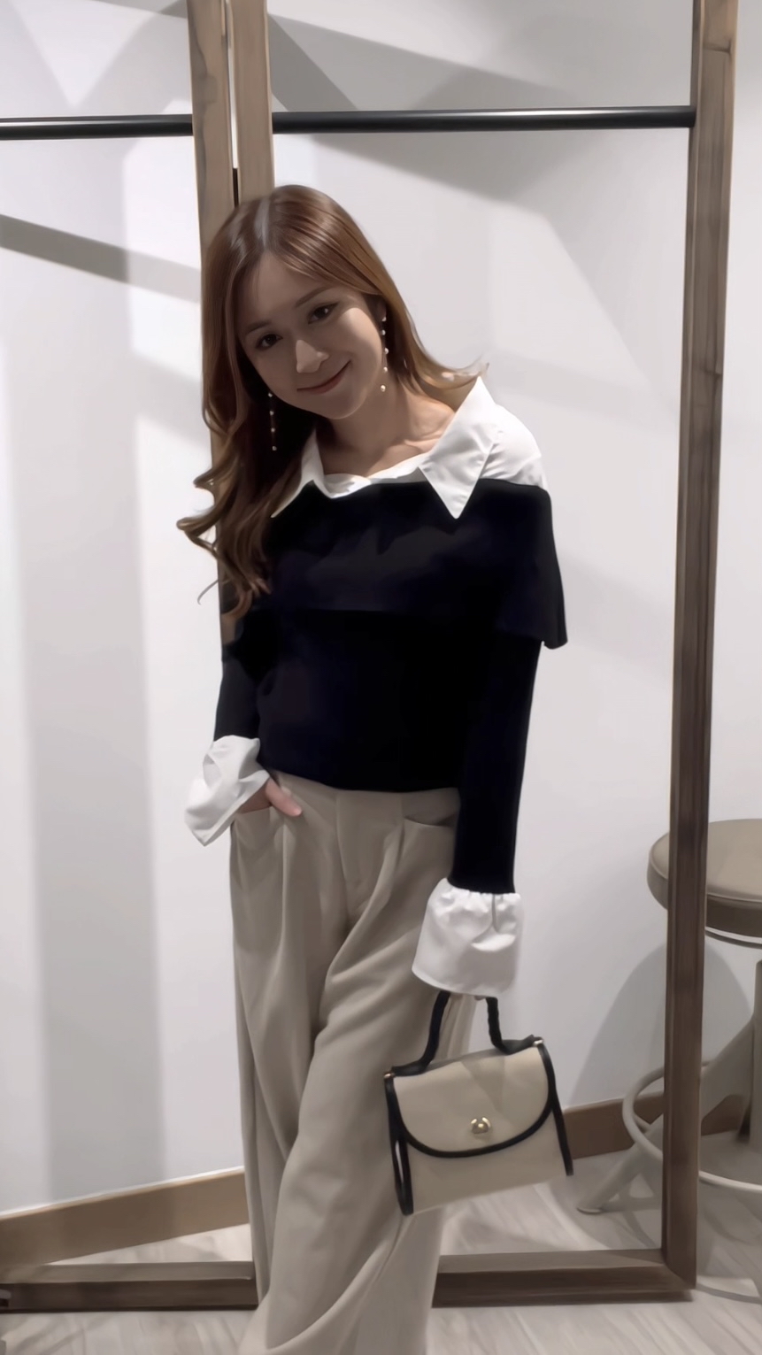 假兩件針織拼色恤衫(JP)[黑色]309508