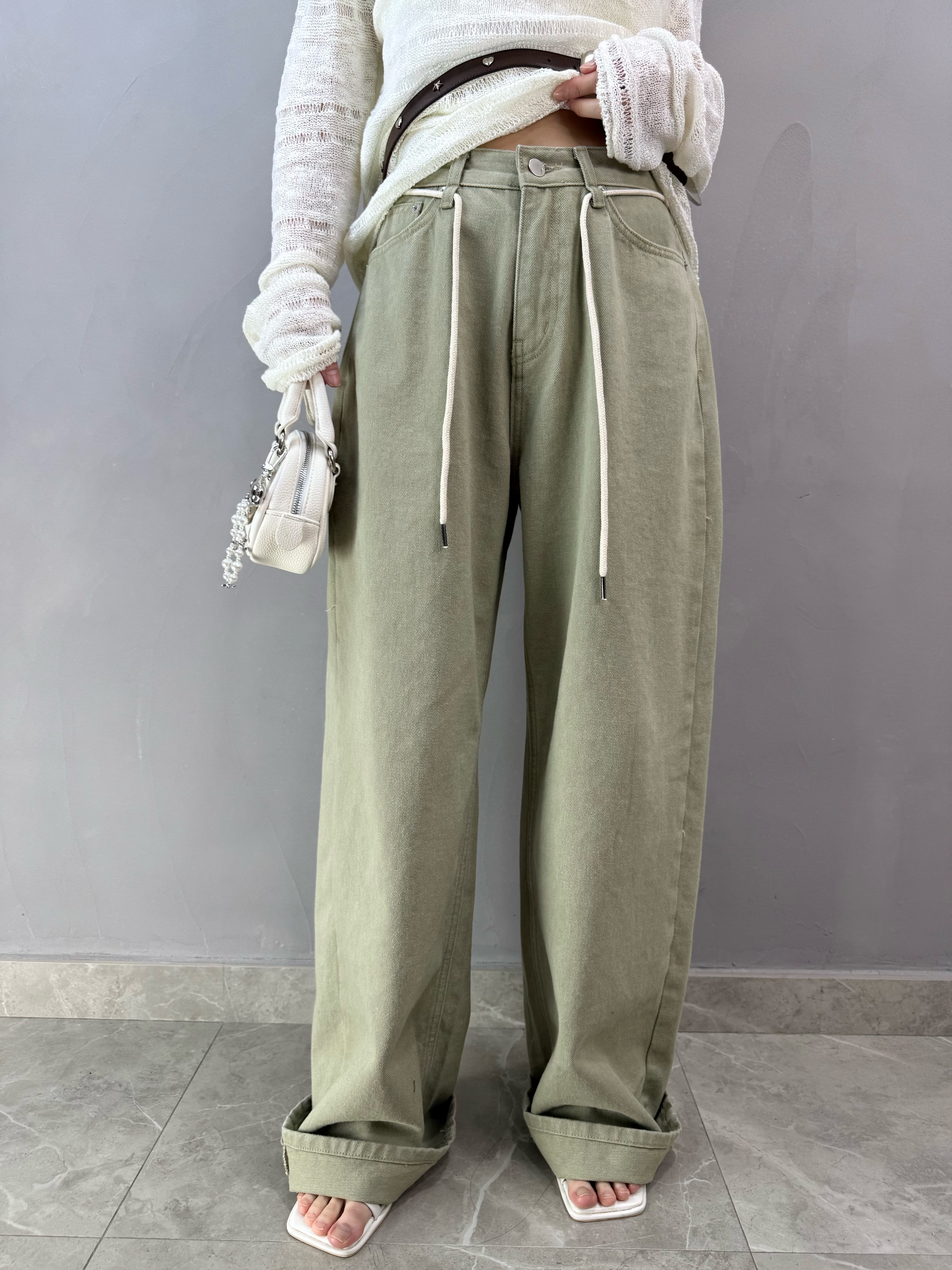 H77 洗水綠牛仔闊褲