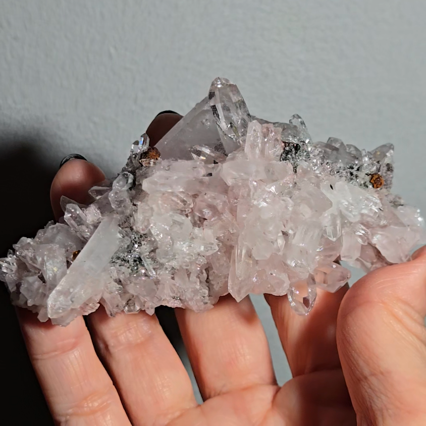 Pink Lemurian quartz cluster with green chlorite inclusions - LQ191