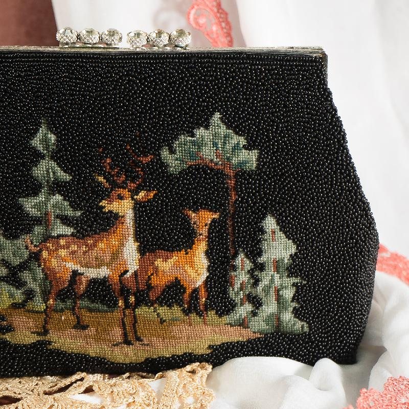 Vintage 1980-90s Midnight Forest Deer Beaded Bag - New Old Stock (NA0782)