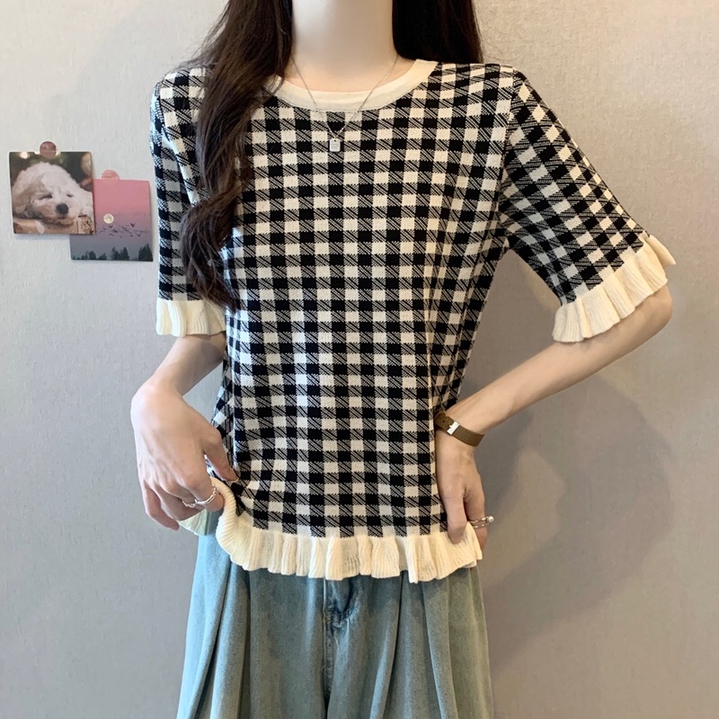 B159(946) 韩版千鸟格纹拼木耳边袖与下摆黑针织上衣