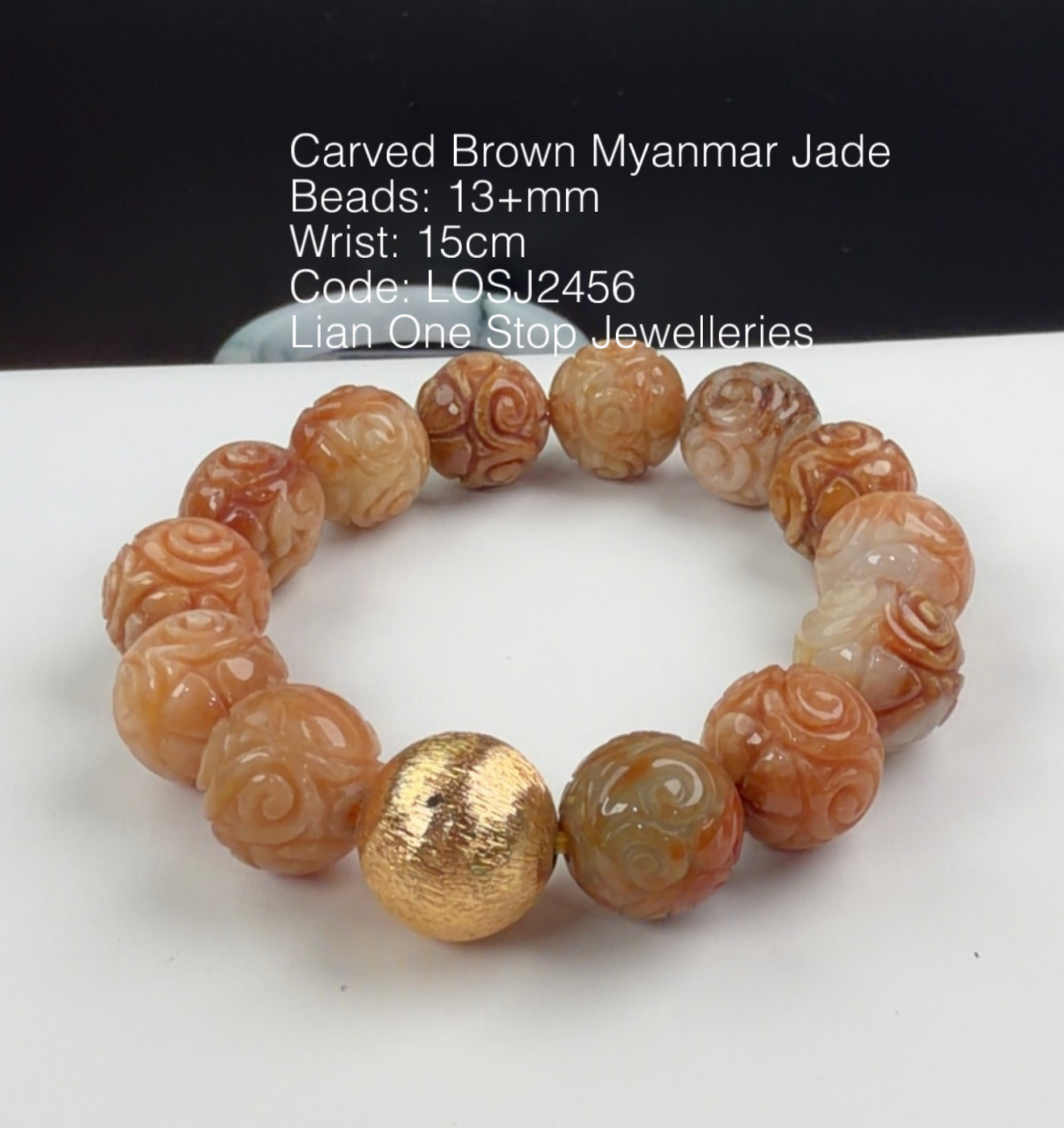 Code: LOSJ2456 Carved Brown Myanmar Jade 13+mm